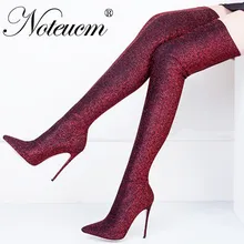 Размер 45, пикантная шикарная Роскошная блестящая ткань, облегающая обувь на высоком каблуке, эластичная обувь, блестящая модная женская обувь выше колена на шпильке, красный цвет