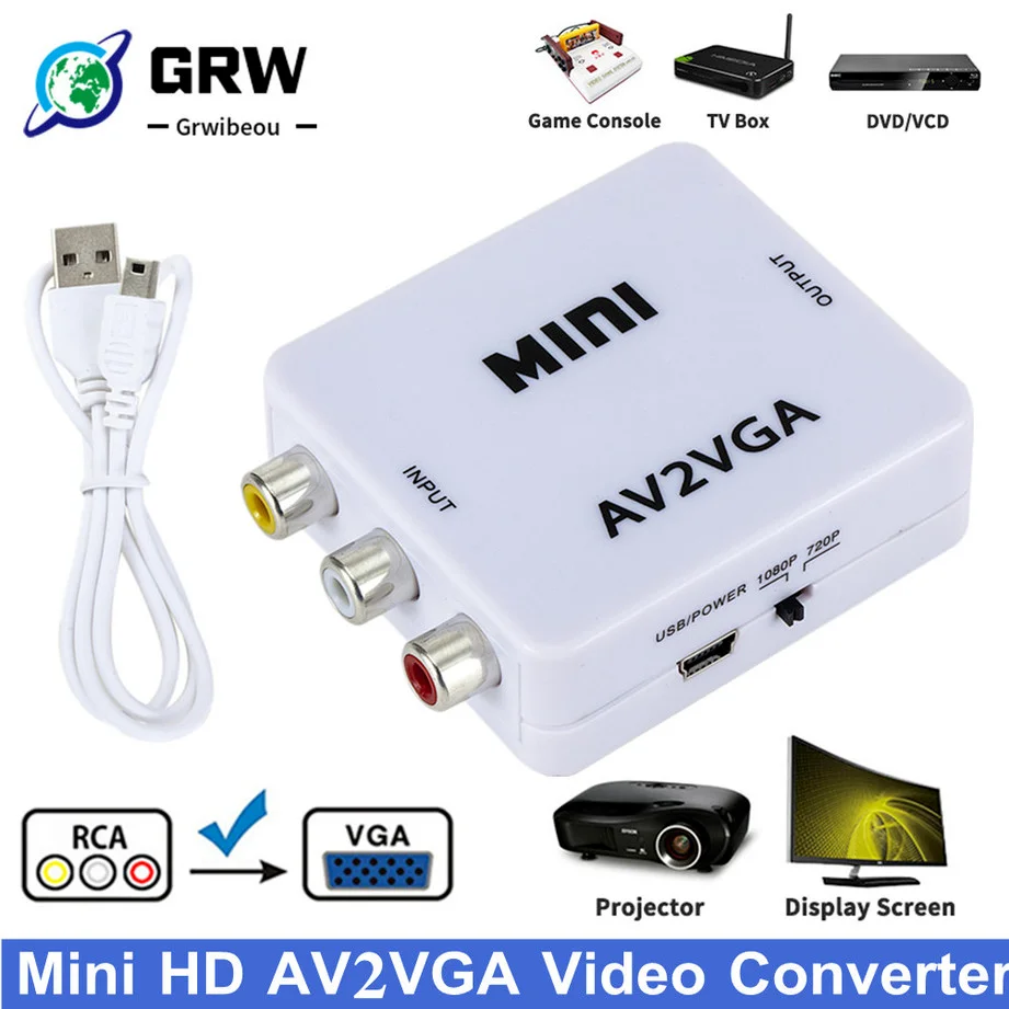 Мини-видеоконвертер GRWIBEOU 1080P RCA AV-VGA видеопреобразователь с 3 5 мм аудио AV2VGA / CVBS + в