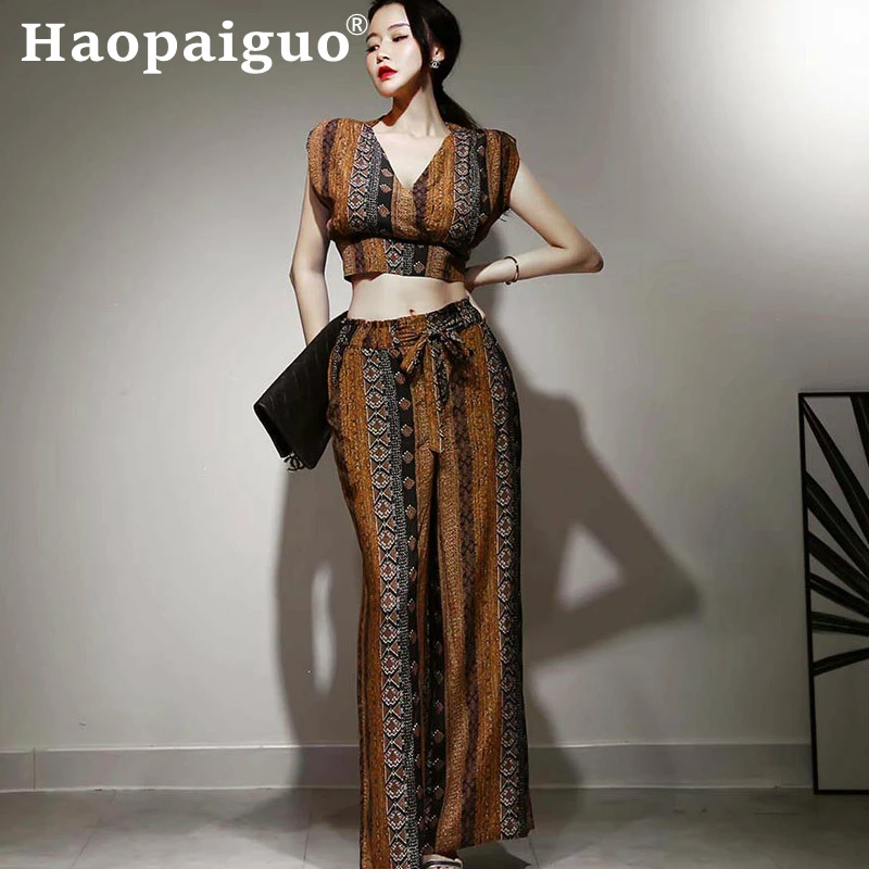 

2019 Summer Vintage Women Two Piece Set Print Short Sleeve Blouse and Wide Leg Pants Women 2 Piece Set Plus Size Sexy Clothe