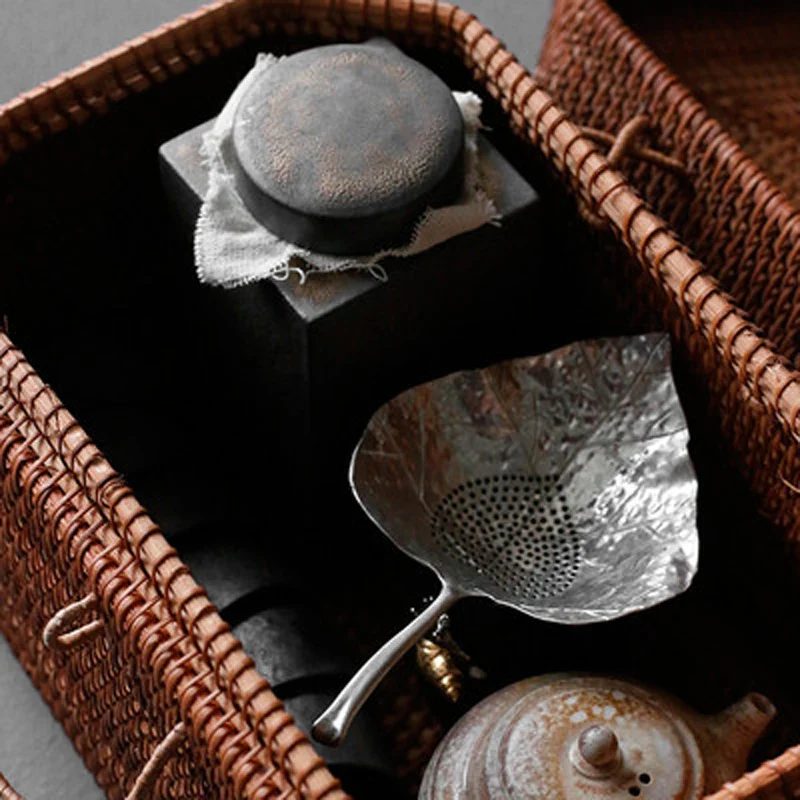 Woven Storage Chests with Lid and Button, Hand- woven Rattan, Desktop Storage Box Basket, Kung Fu Teaware,Tea Ceremony Accessory