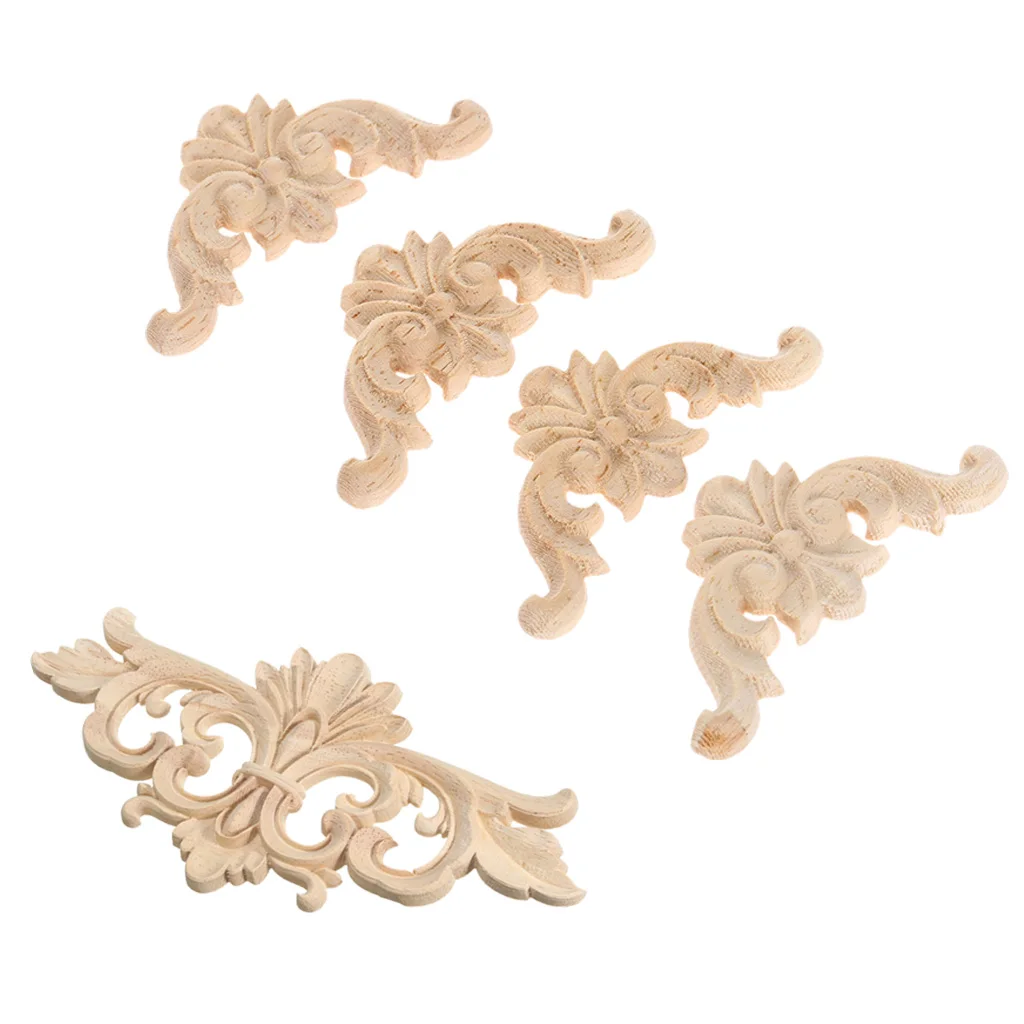 5pcs Floral Carved Decal Wood Sculpture Corner Appliques Furniture Wooden Wall Decoration