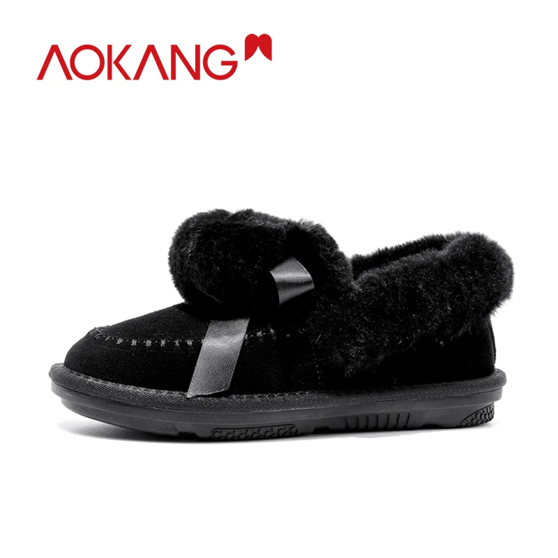 

AOKANG 2019 Winter Flats Women Genuine Leather Comfortable Soft Shoes Woman Bowtie Warm Female Loafers Short Plush Flats