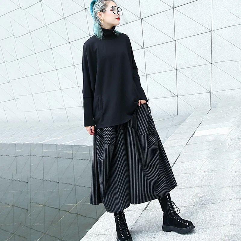 [EAM] Новинка Осень Зима высокая эластичная талия черный полосатый большой карман строчка широкие брюки женские брюки Мода JH787