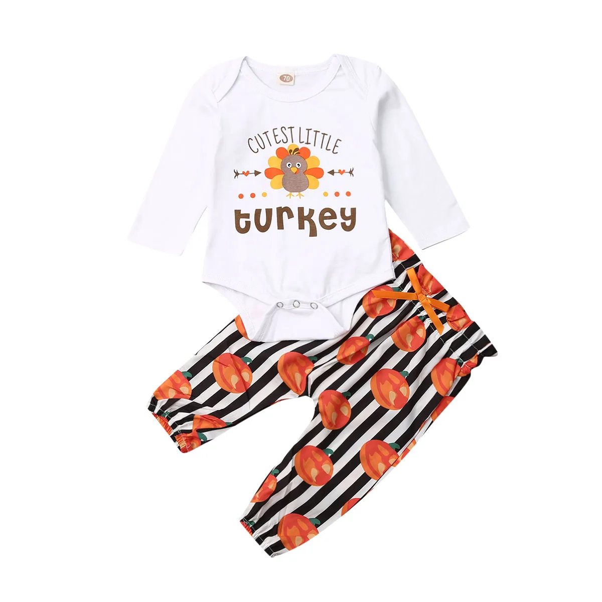 Newborn Infant Baby Kids Boys Thanksgiving Turkey Print Tops + Striped Pumpkin Pants Loose Jumpsuit Outfits Clothes Sets |