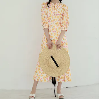 

Flroal Print Womens Midi Dress High Waist O-neck Fresh Puff Sleeve Female Spilt Long Dresses Fashion 2020