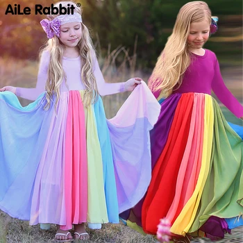 

2019 Ins Autumn Long-sleeved Girls Chiffon Dress New Rainbow Dress Colorful Color Dresses Children's Princess Party Dress