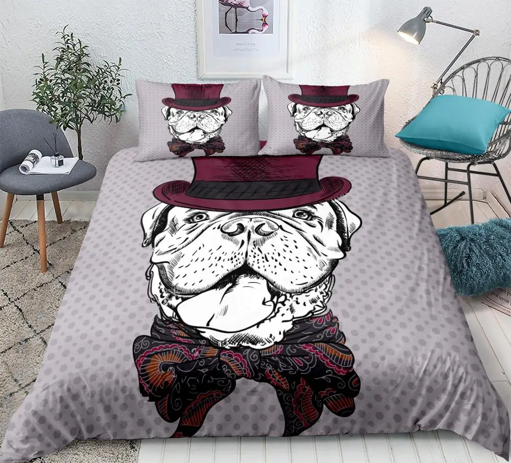 

3pcs gentleman dog Bedding set Cartoon dog Duvet cover set Purple background Pet pattern Bedclothes boys Home textiles dropship