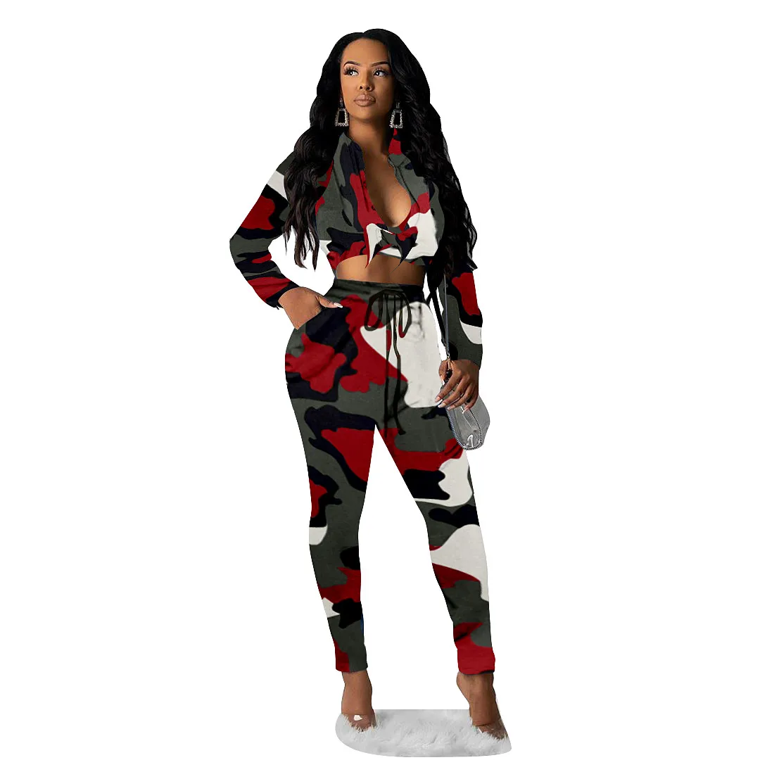 GL Fall Winter Women's set V-Neck Long Sleeve Crop Top Long Pants 2 piece set camouflage Print Bandage tracksuit Outfits L5095