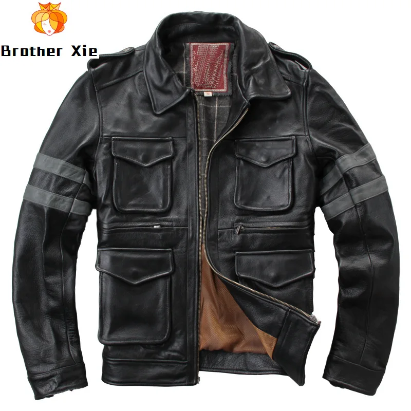 

2020 Men's Genuine Cowhide Leather Jacket Slim Motorcycle Biker Real Leather Jacket for Male Multi Pockets R3292