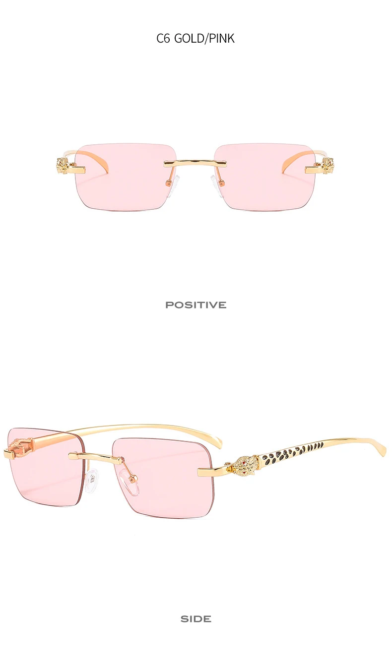 Vintage Mode randlose kleine quadratische Sonnenbrille Frauen Männer Luxusmarke Designer Reise fahren Metall Leopard Kopf Sonnenbrille – Detail 12