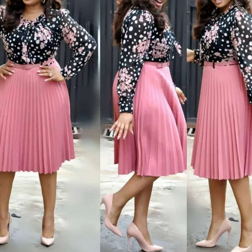 

Spring Long Sleeve Women Dress Foral Printed A Line High Waist Beaded Patchwork Office Pleated Dress With Belt Plus Size 3XL