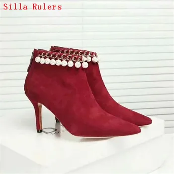

New Fashion Chains string Bead Red Suede Women Boots High Heels Ankle Boots Spring Autumn Boots Women shoes Woman Botas Mujer