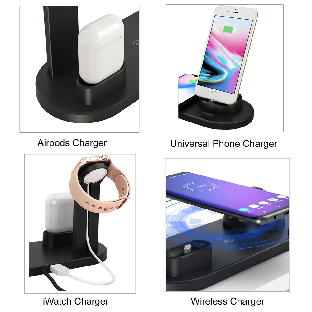 

4 in 1 USB 10W Qi Fast Charger Dock Station Wireless Charging Stand Holder For Apple Watch iPhone 11 X XS XR 8 7 6 Airpods