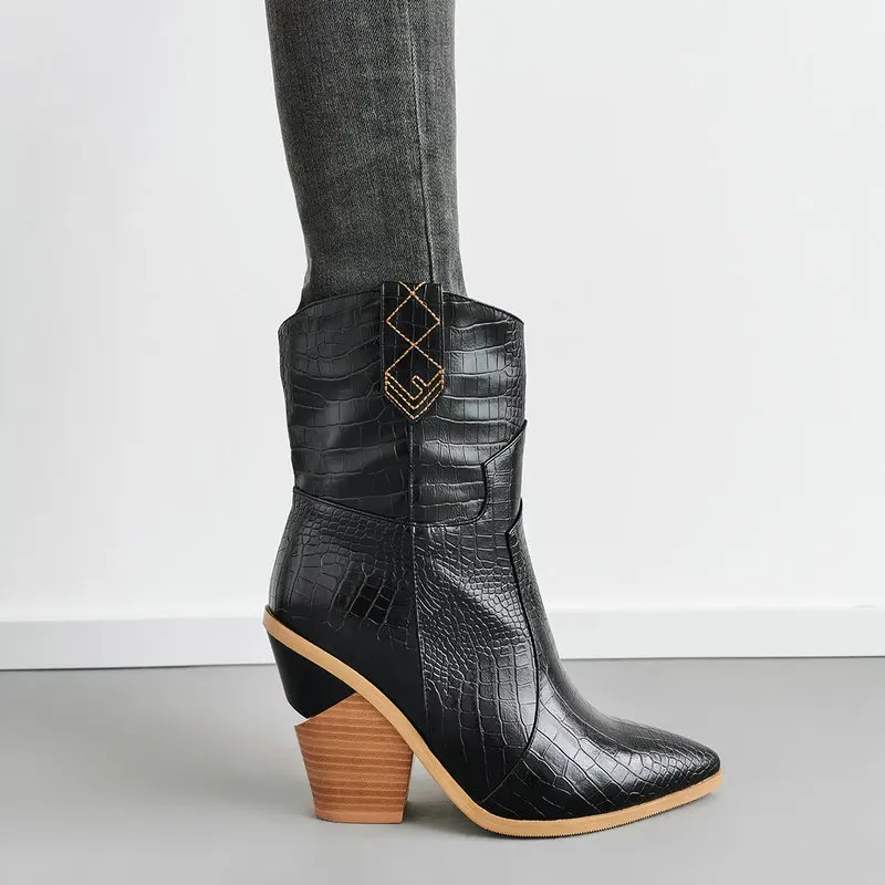 

2019 New Women Boots Pointed Toe Wedges Shoes Faux Leather Autumn Winter Boots Short Ladies Western Ankle Boots for Women