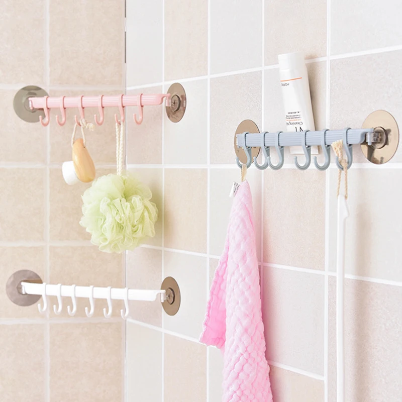 Self Adhesive 6 Hooks Bathroom Wall Towel Holder Hanging Nail-free Rack  Strong Paste Hooks Key Hooks Kitchen Storage Rack