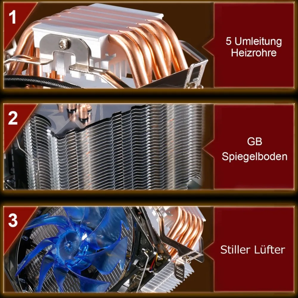 LESHP cpu Cooler Ультра тихий 20 дБ(A) с вентилятором 120 мм пять медных тепловых труб четыре провода для ПК компьютера длительный срок службы