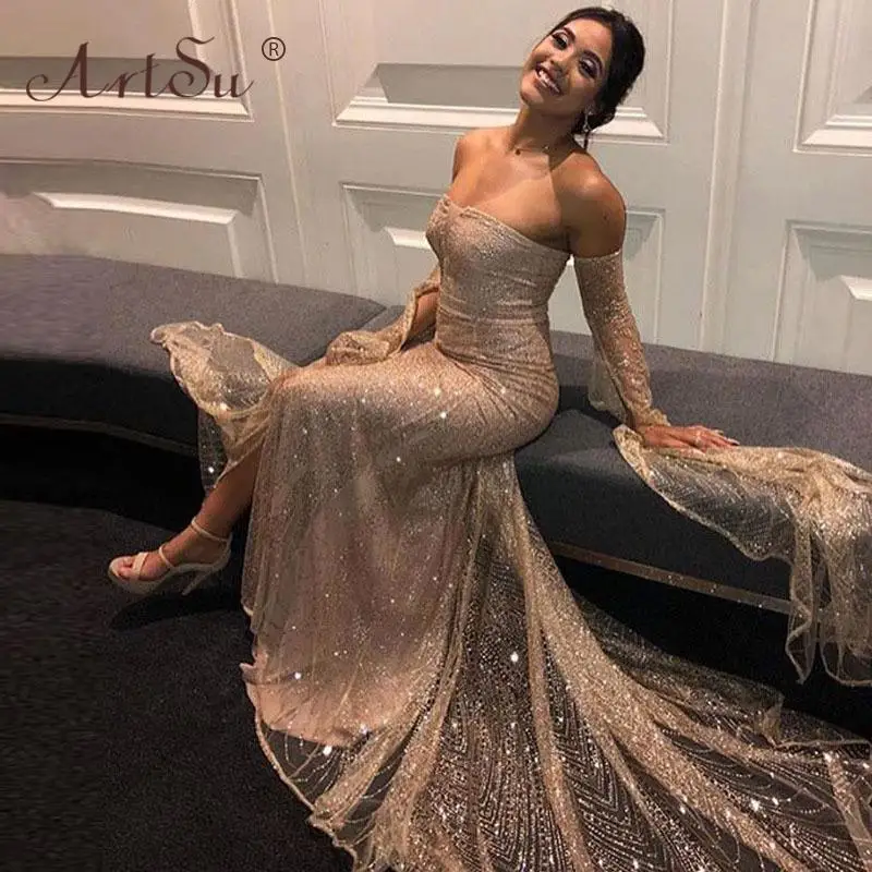 

ArtSu Women Fashion Sexy One Shoulder Backless Maxi Dress Lady Elegant Strapless High Split Party Floor-Length Dresses ANDYDR259