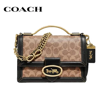 

COACH Signature Canvas Crossbody Bag Top Handle Metal Snap Closure Detachable Chain Strap Leather Shoulder Bags For Women 73937