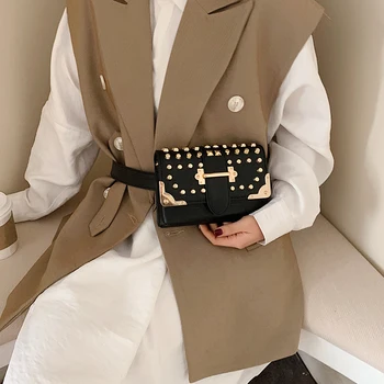 

Fashion Fanny Pack Waist Bag Women Waist Packs PU Leather Chest Bag Belly Bag Shoulder Messenger Bag Female Rivet messenger bag
