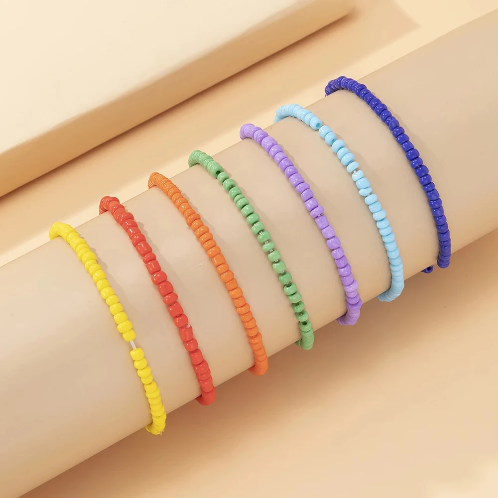 IngeSight.Z 7Pcs/Set Rainbow Beaded Anklet Bracelet for Women Adjustable Colorful Anklets Barefoot Sandals On Foot Ankle Jewelry - Image 6