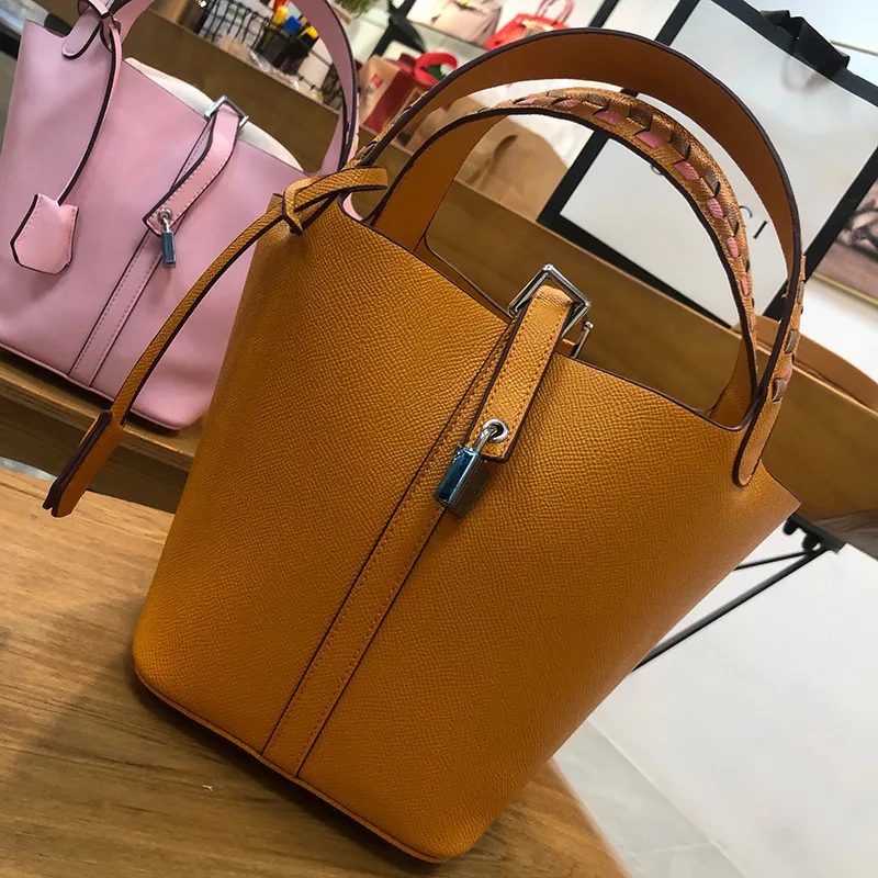 

Vegetable Basket Bag Color Matching Woven Shoulder Crossbody Bag Palm Leather Portable Bucket Bag