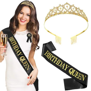 

Birthday Party Decoration 18 21 30 40 50 Rose Gold Satin Sash Crystal Crown Tiara Happy Birthday Anniversary Party Supplies