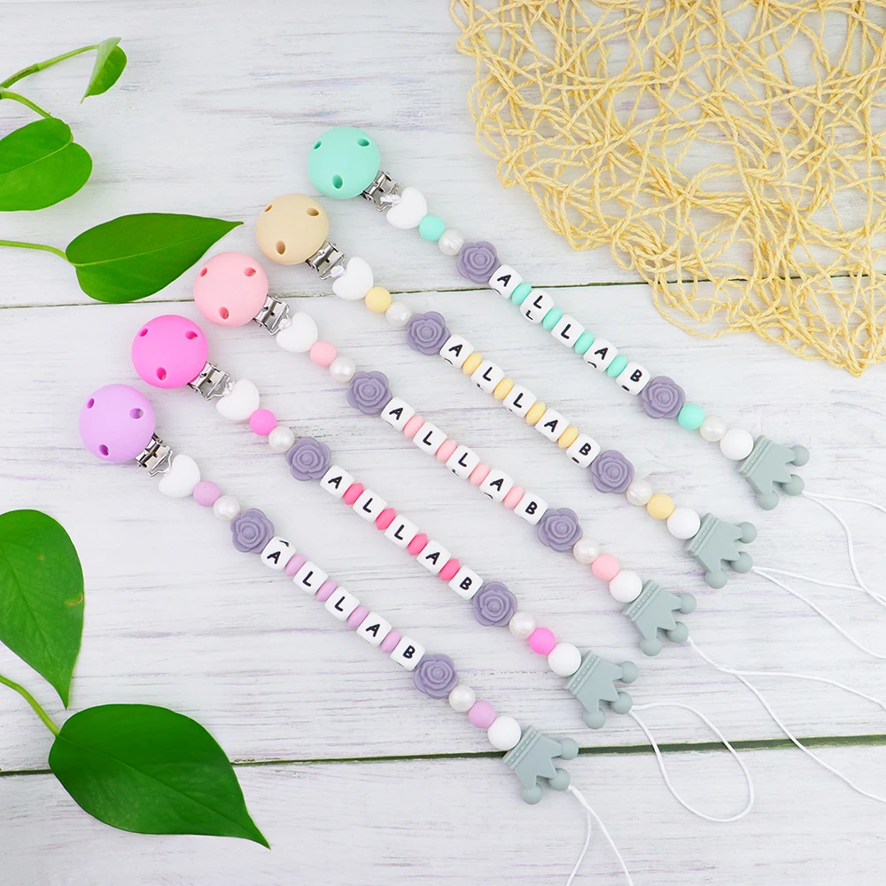 

Pacifier Clips For Babies Personalized Name Englis Russian Letters For Baby Infant Micky Mouce Clips WIth Crown Beads