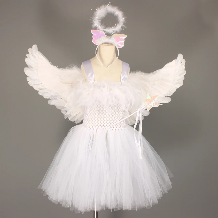 White Angel Girls Feather Tutu Dress Kids Halloween Birthday Party Costume Girl Christmas Nativity Dress with Wings Halo Outfit (2)