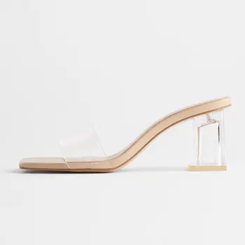 

GENSHUO Shoes Transparent Heel Mule shoes Thick Heeled High Heel with Open toe Sandals women Size 35-40 Lady Slippers Slides