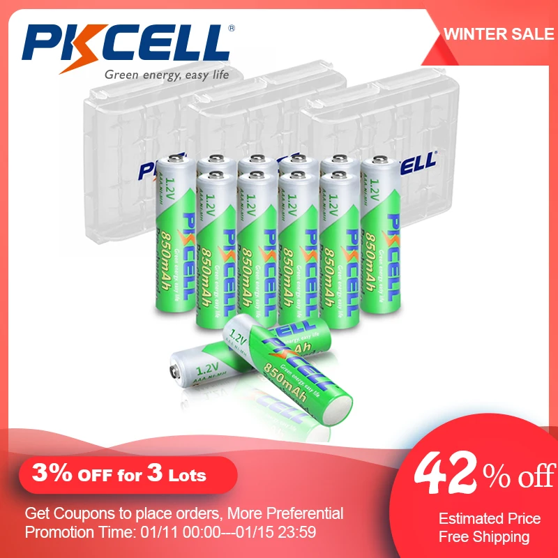 12 шт. PKCELL AAA Батарея 1 2 V 850 мА/ч NI MH Перезаряжаемые батареи ЛСД 3A аккумулятор и 3