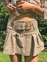 

Weekeep Harajuku Striped Print Pleated Skirt Wide Belt High Waist Basic Short Skirts For Women Korean Streetwear Gothic Outfits