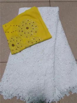 

5+2yards white colour milk silk lace african water soluble lace fabric with beads headcraf for women party dress