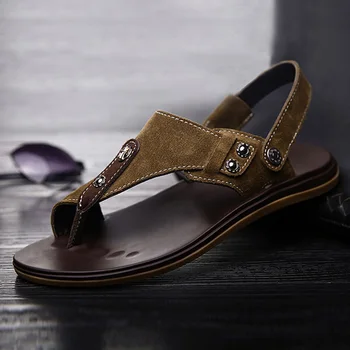 

100% Genuine Leather Shoes Men Beach Sandals Flip Flops 2020 Summer Holiday Shoes Flat Non-slip Cow Leather Men Sandals KA2326