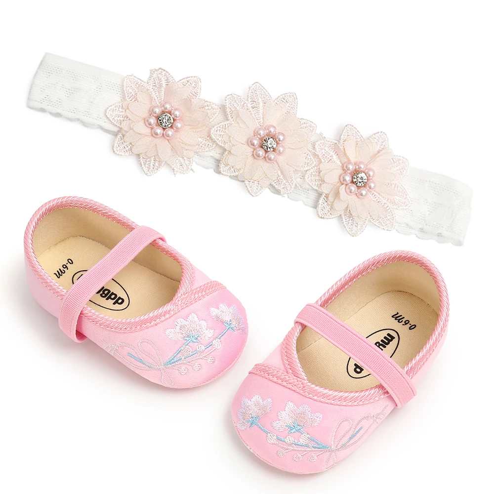 Милый, для новорожденных девочек, Цветочная вышивка, мягкая обувь для младенцев, противоскользящие кроссовки+ повязка на голову с цветами
