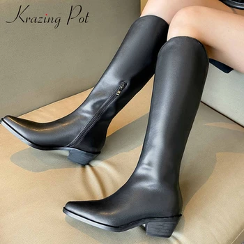 

Krazing Pot streetwear western boots split leather classics pointed toe thick med heel zipper pretty girls knee-high boots L60