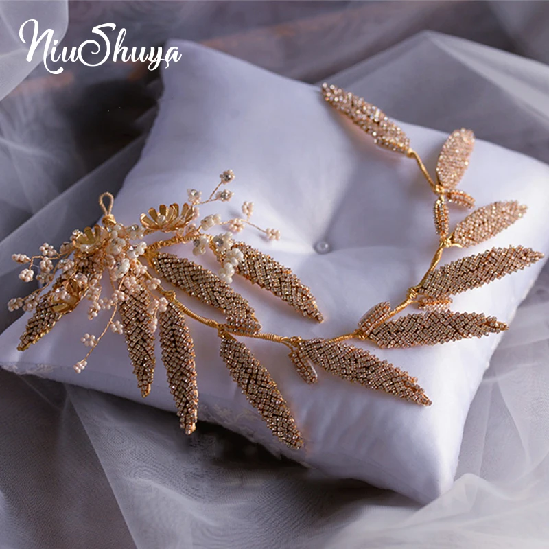 NiuShuya  Leaf Tiara Rhinestone Crown Diadema Wedding Headband Pearl Hair Jewelry Handmade Beads Hair Ornament