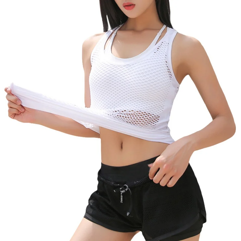 Women Sleeveless Yoga Shirts Exercise Active Tops Mesh Hollow Out Breathable Fitness Sport T Shirts Gym Running Vest