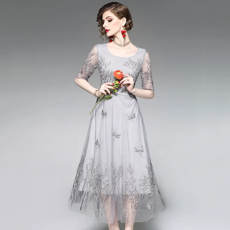 

VERDEJULIAY Runway Embroidery Dress Women 2020 Summer Spring New Fashion Half Sleeve Luxury Mesh See-Through Long Dress Vestido