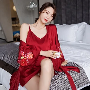 

Embroidery Floral Wedding Robe Women Satin Kimono Bath Gown Female Summer Casual Silky Sleepwear Sexy Short Home Wear