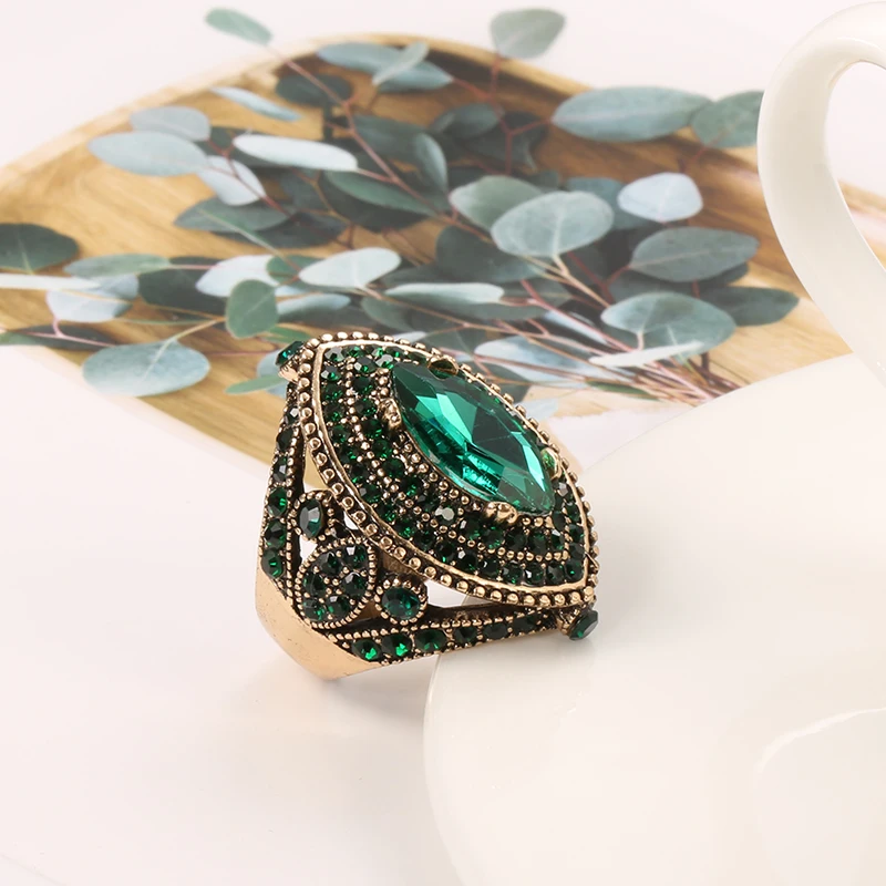 Antique Ring crystal rings bohemian rings stone rings fashion rings gold rings wedding rings fashion ring finger rings metal rings For Women Vintage Look AAA Green Crystal Boho Jewelry Gold Color Charm Ethnic