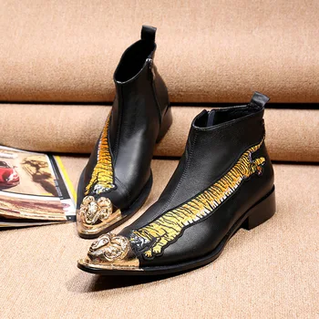 

Men's Ultra Cow Leather Shoes Short Boots Increased Boots Scarpe Uomo Punk Pointed Toe Ankle Genuine Leather Full Grain Leather