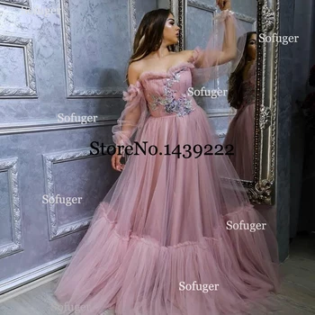 

Dark Pink Pleat Evening Dresses Puffy Sleeves Appliques Saudi Arabic Special Occasion Evening Formal Party Gown Dresses