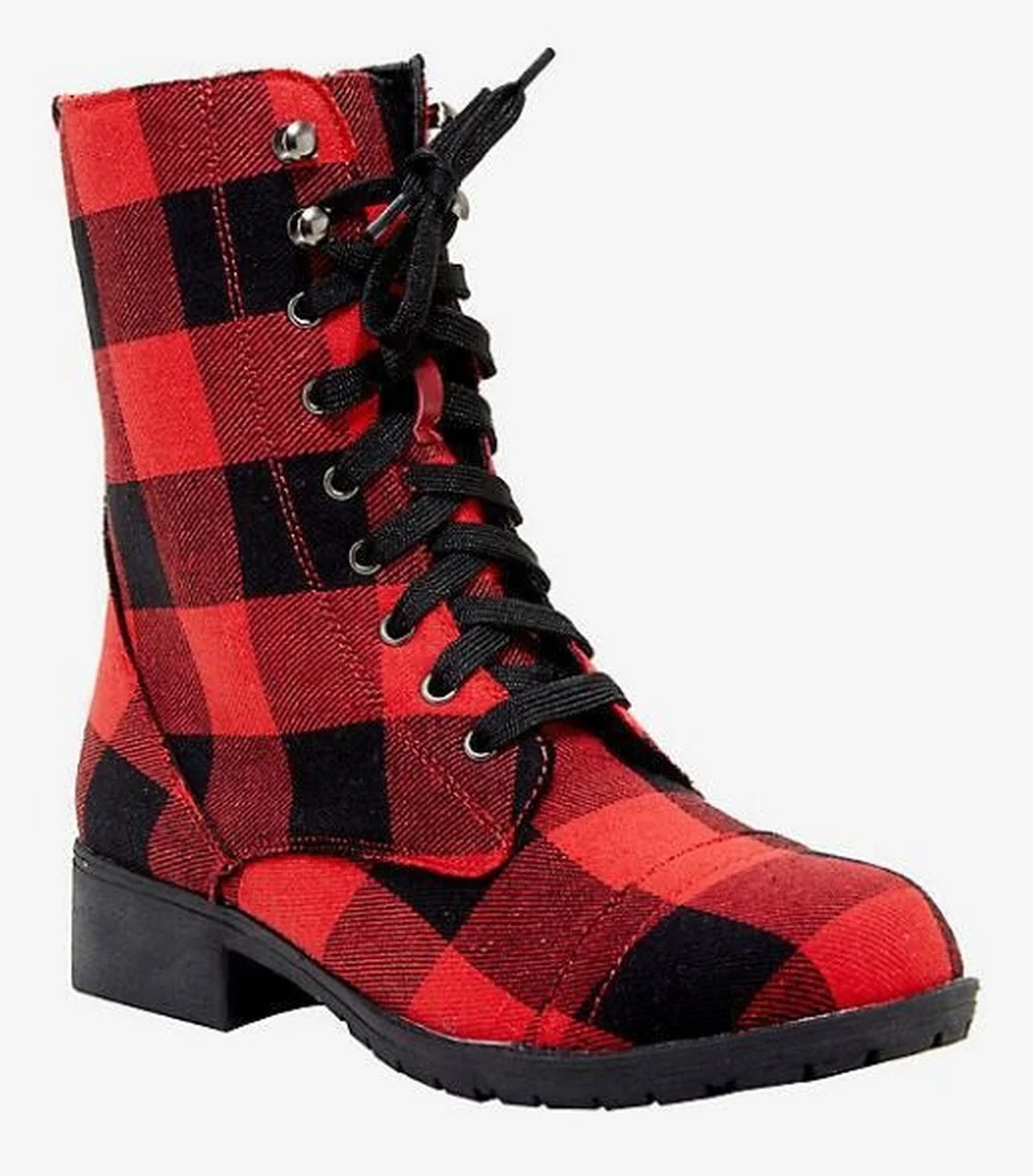 Womens Round Toe Plaid Ankle Boots 