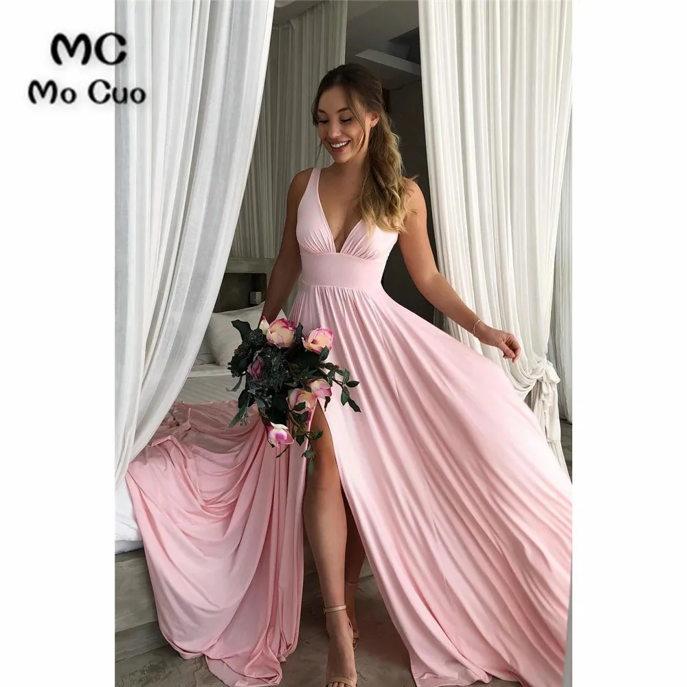 Pleated Empire Pink Bridesmaid Dress with Side Slit (1)