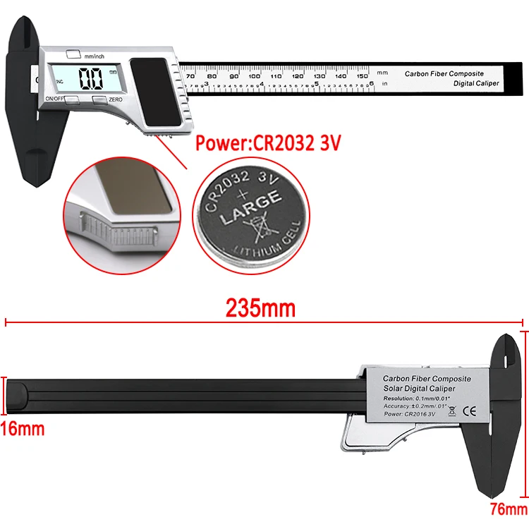 OLOEY 0-150mm 6 дюймов Солнечный цифровой штангенциркуль с нониусом из углеродного волокна с может работать без аккумулятора Мощность от солнечной энергии DT234