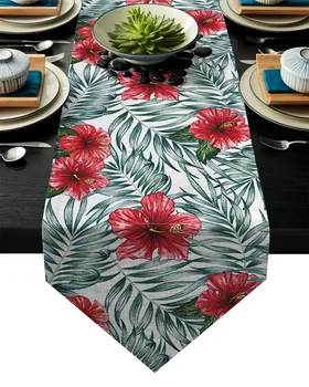 

Red Hibiscus Flower Green Plant Leaves Table Runner Table Flag Home Party Decorative Tablecloth Table Runners for Wedding