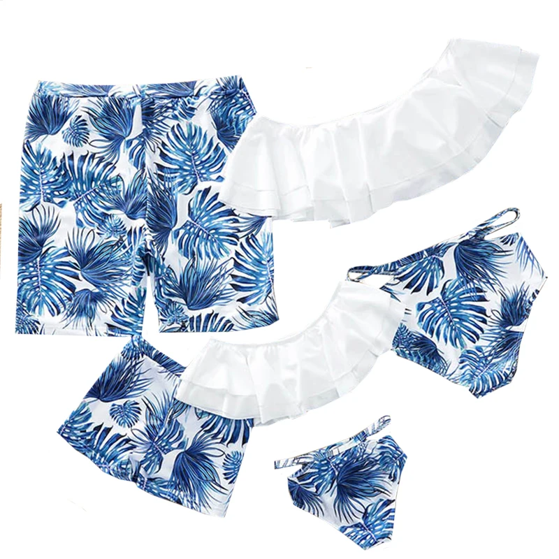 

2020 New Family Matching Swimsuit Summer Beach Holiday Blue Leaf Print Mommy and Me Swimsuit Dad and Son Swimwear Shorts