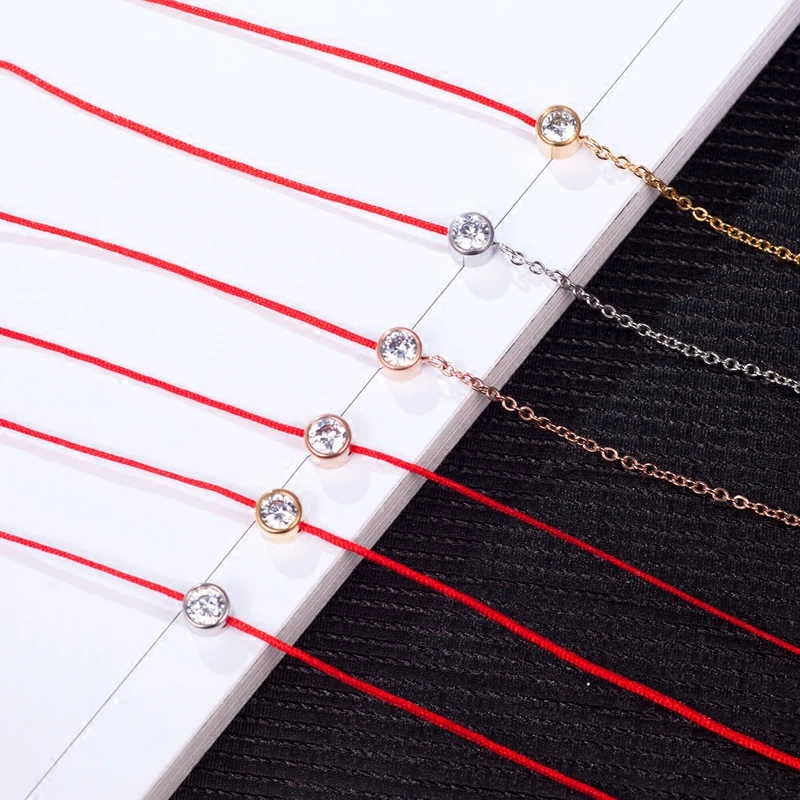 

YUN RUO Rose Gold Silver Color Zircon Crystal Red Line Bracelet 316L Titanium Steel Jewelry Woman Chain Never Fade Drop Shipping