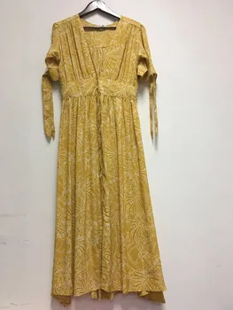 

Women Yellow Leaves Printed Midi Dress Lace-up V-neck Waist Short Sleeve Female Loose Dress with Buttons Spring Summer New