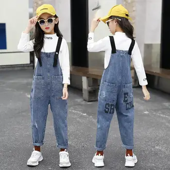 

Denim Blue Girls Overalls Jumpsuit Jean Jumpsuits for Kids 6-16 Years Fashion Pocket Casual Kids Overall Pants Children Clothing